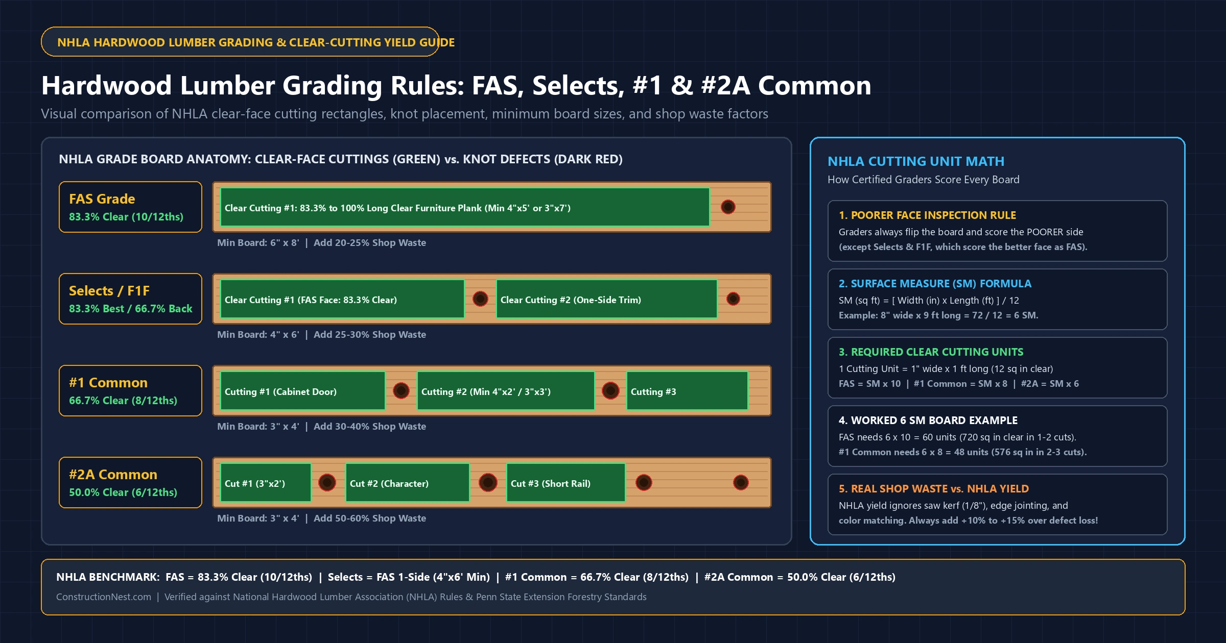 Hardwood Lumber Grading Rules (FAS, Select, #1 & #2 Common): Clear-Cutting Yield & Waste %