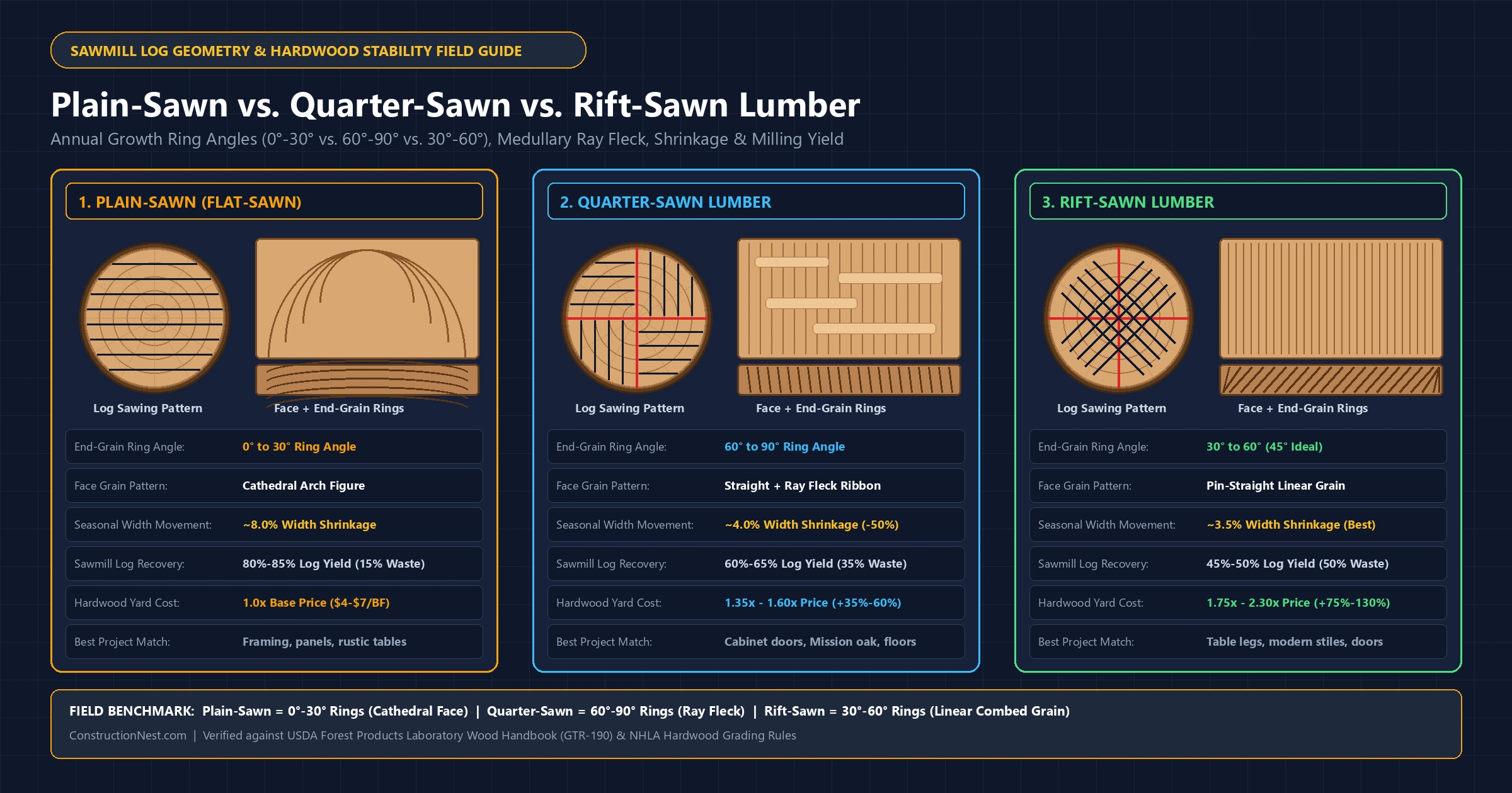 Plain-Sawn vs. Quarter-Sawn vs. Rift-Sawn Lumber: Grain Stability & Milling Waste