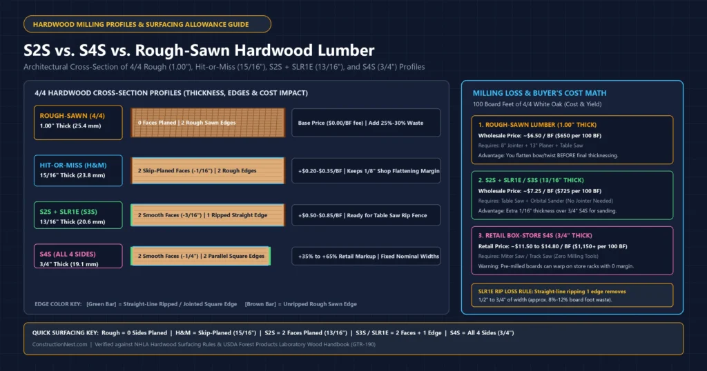 S2S vs S4S vs rough-sawn hardwood lumber cross-section comparing 4/4 rough 1 inch, Hit-or-Miss 15/16 inch, S2S SLR1E 13/16 inch, and S4S 3/4 inch profiles