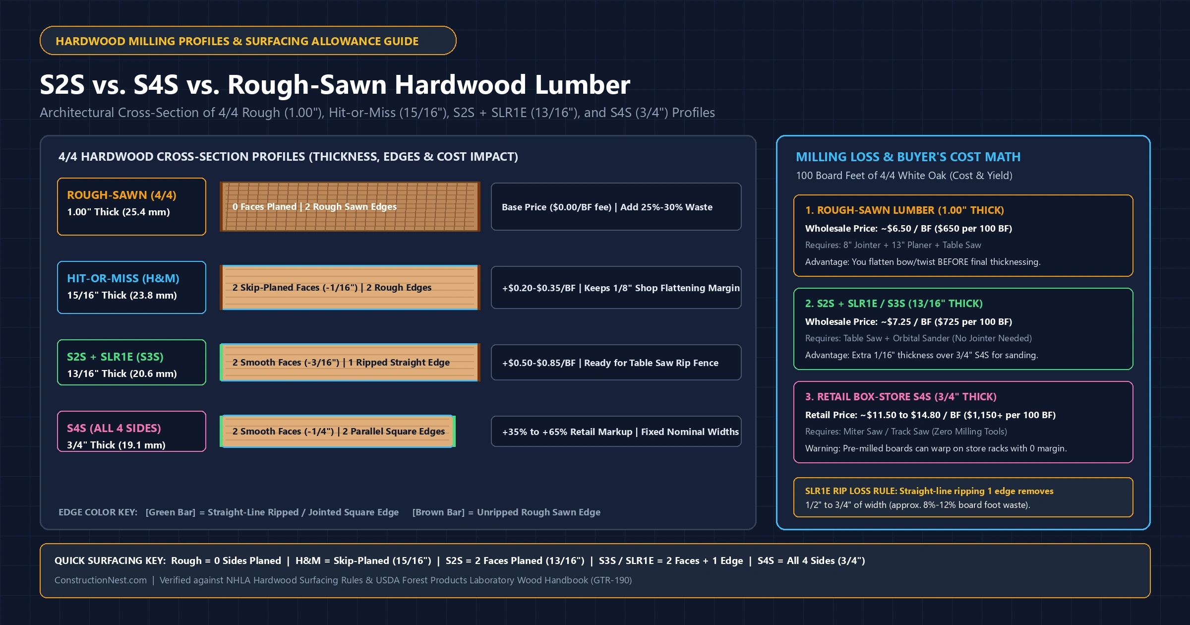 S2S vs. S4S vs. Rough-Sawn Lumber: Milling Allowances, Planer Loss & Buying Guide