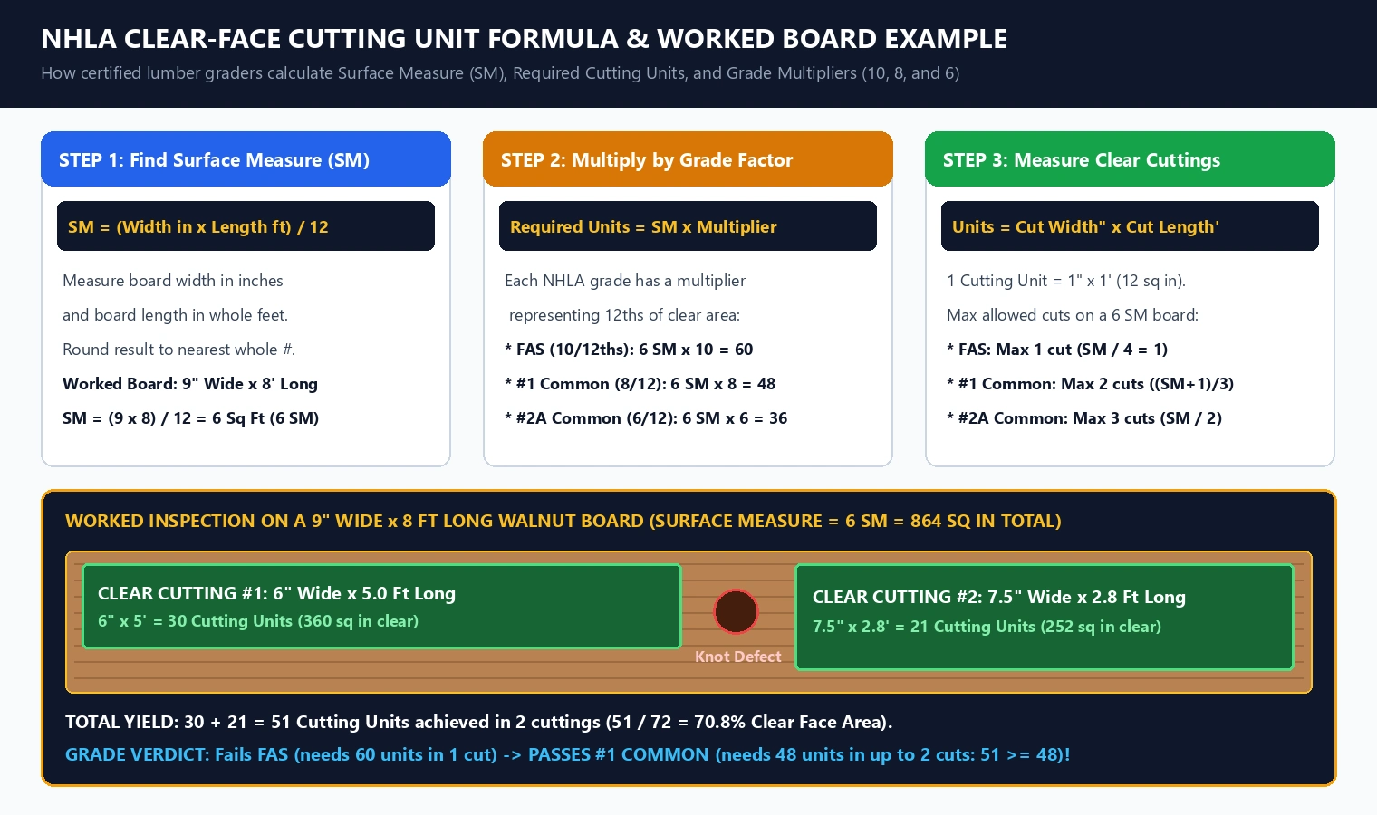 Technical diagram of the NHLA clear-face cutting unit formula showing Surface Measure SM calculation, grade multipliers 10 8 and 6, and a worked 9 inch by 8 foot walnut board example