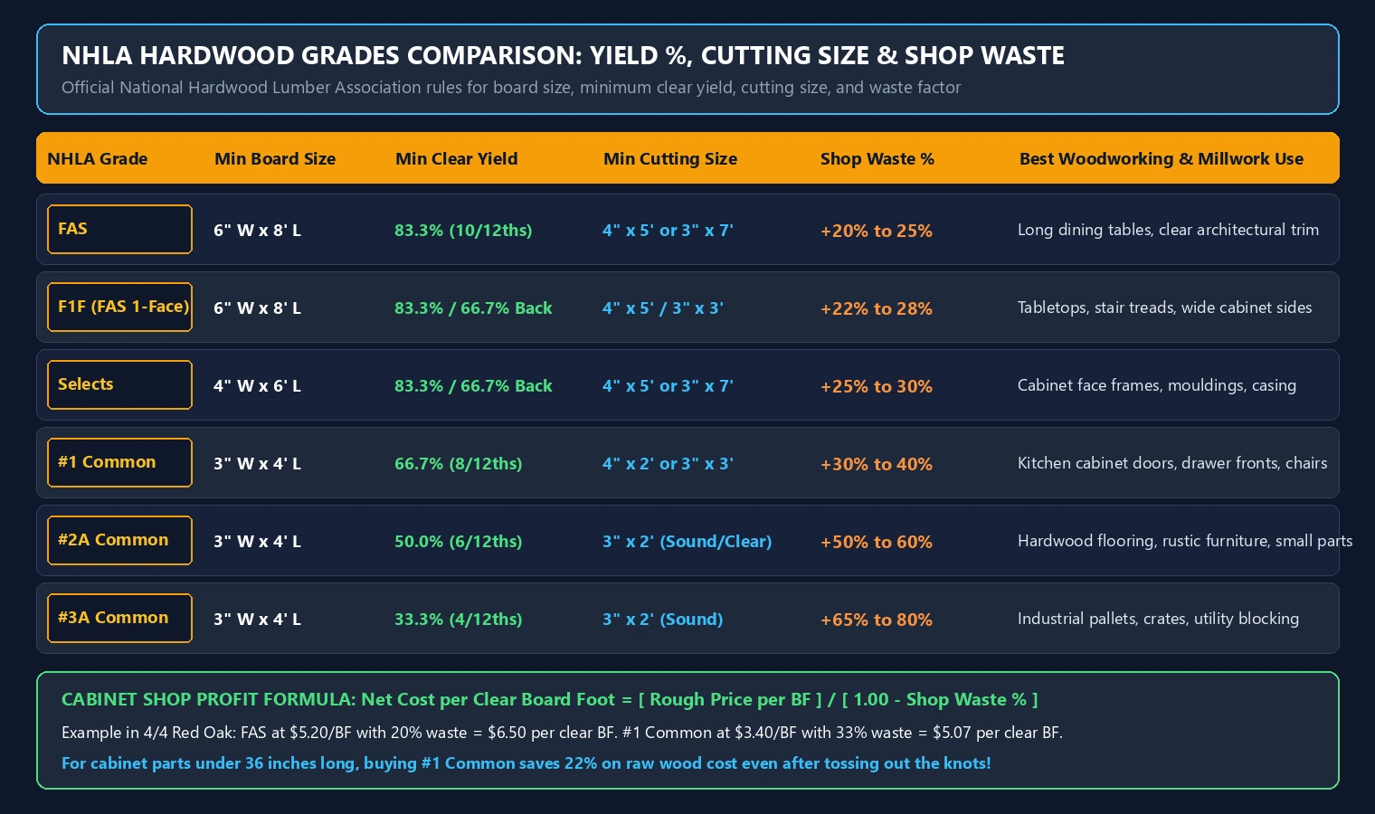 Side-by-side NHLA hardwood lumber grades specification chart comparing FAS, F1F, Selects, #1 Common, #2A Common, and #3A Common clear yields, cutting sizes, and shop waste percentages