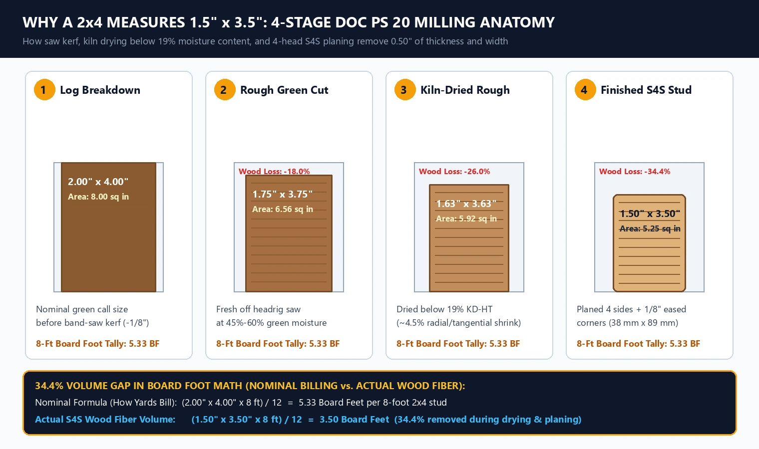 Technical diagram showing why a 2x4 measures 1.5 by 3.5 inches across 4 stages from 2.00 x 4.00 nominal green log breakdown to 1.50 x 3.50 S4S kiln-dried stud
