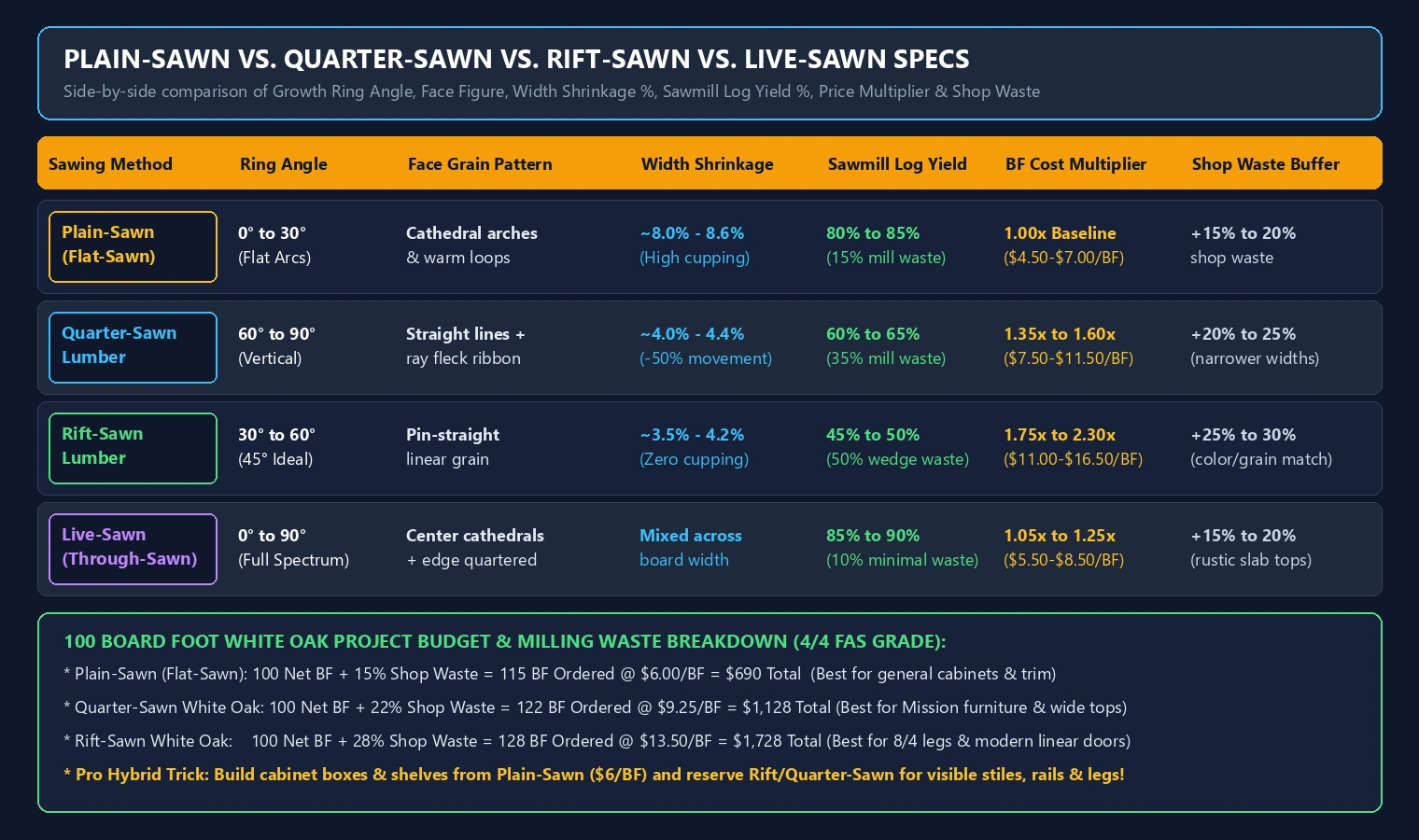 Infographic chart comparing Plain-Sawn, Quarter-Sawn, Rift-Sawn, and Live-Sawn lumber specifications including growth ring angle, face figure, width shrinkage, sawmill log yield, price multiplier, and shop waste