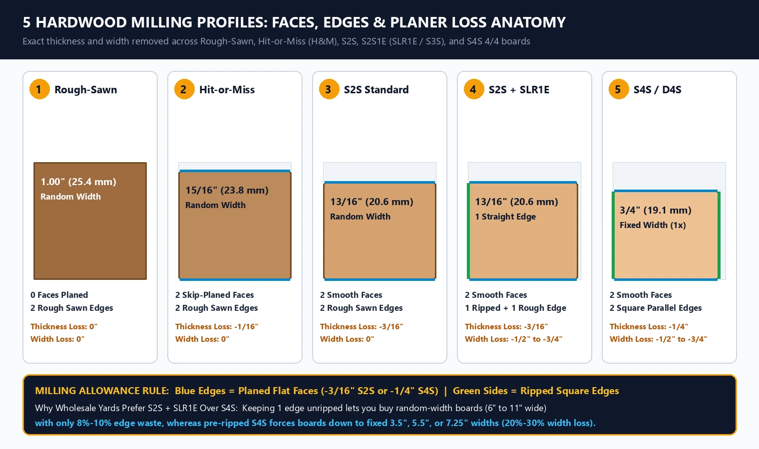Technical anatomy diagram of the 5 lumber milling profiles comparing Rough-Sawn, Hit-or-Miss, S2S, S2S1E SLR1E, and S4S thickness and width loss in inches and millimeters